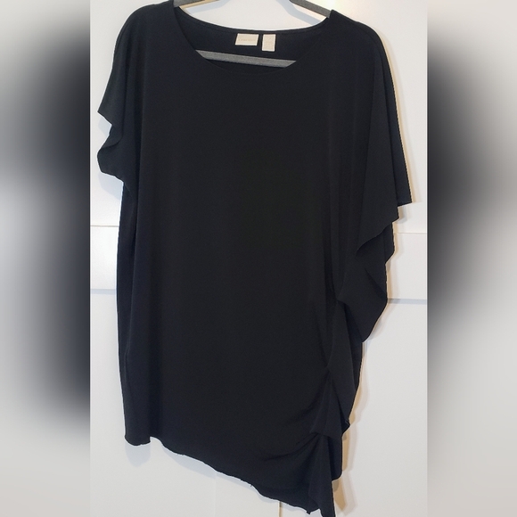 Chico's Side Ruched Black Stretch Tunic Short Sleeve Asymetrical Raw Hem Size 2 - Picture 4 of 13